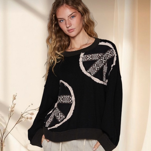 POL Black Boho Peace Sign Patch Sweater | Relaxed Fit Patchwork Top - Picture 7 of 7